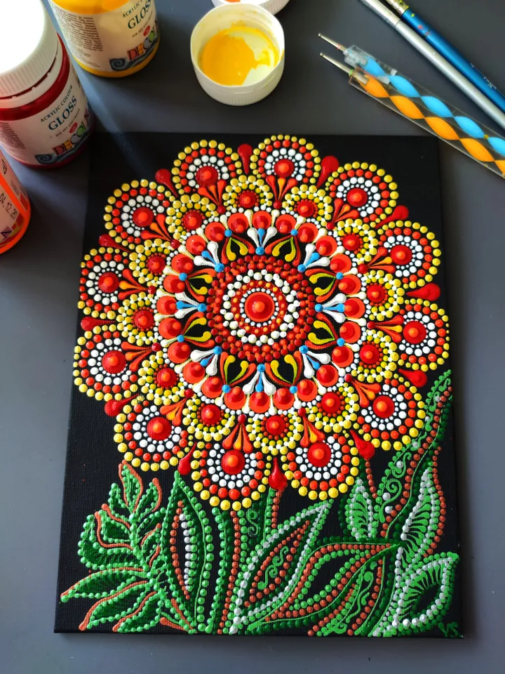 Daisy Dot Painting Original Art Dotted Small Canvas 15 by 20 cm / 6 by 8''