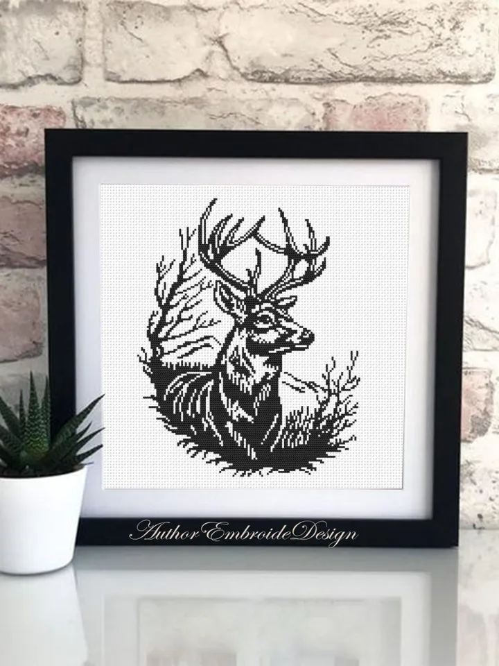 Woodcut deer cross stitch pattern PDF download Animal cross stitch chart Monochrome deer pattern digital PDF Deer silhouette embroidery #L90