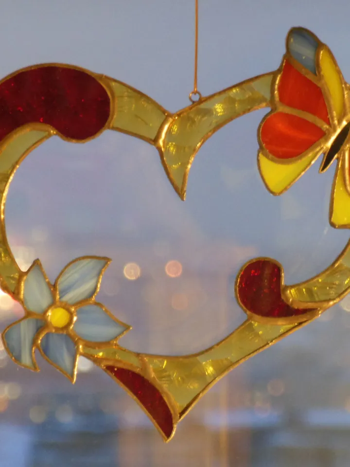 Valentine Heart with Flower and Butterfly . Red Yellow Blue . Art Stained glass window hanging Suncatcher
