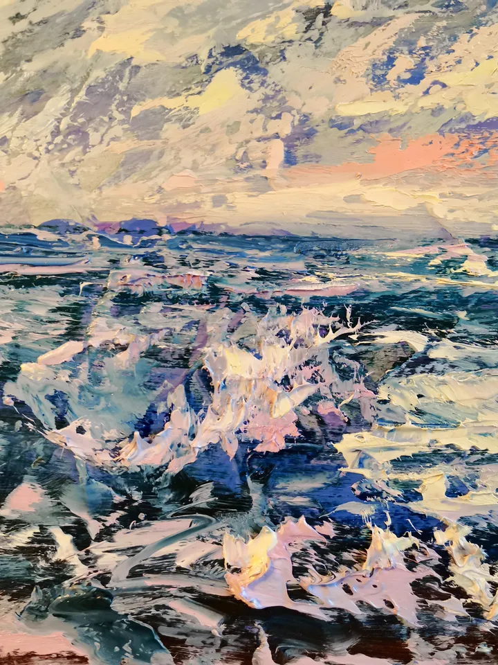 Mountains Sea Ship Ocean Sunset Original Art Oil Painting Artist Svinar Oksana