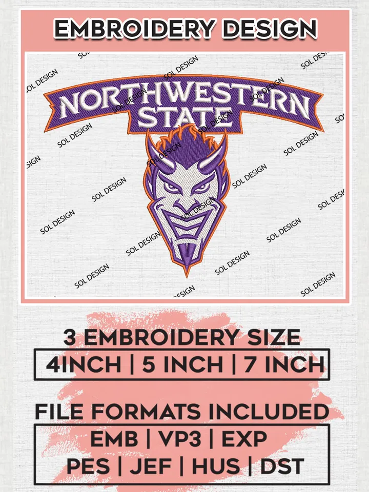 NCAA Northwestern State Team Mascot Logo Embroidery Design Files, NCAA Northwestern State Demons Machine Embroidery, NCAA Teams, Game Day, 3 sizes, NCAA Machine embroidery designs, Digital Download
