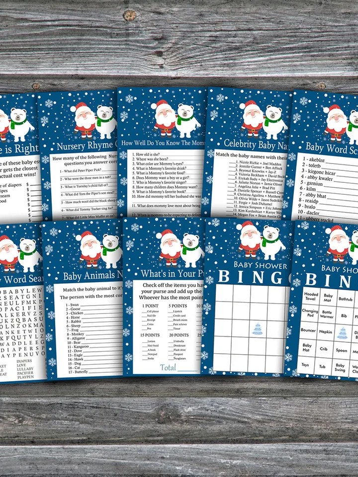 Santa polar bear baby shower games bundle,Christmas animals Baby Shower games package,Fun Baby Shower Games,9 Games