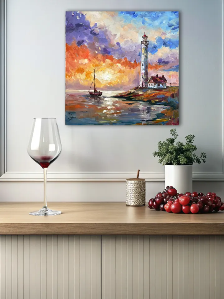 Lighthouse at Sunset โ Original Oil Painting, 12x12 Inches, Coastal Wall Art, Nautical Seascape, Ocean Home Decor