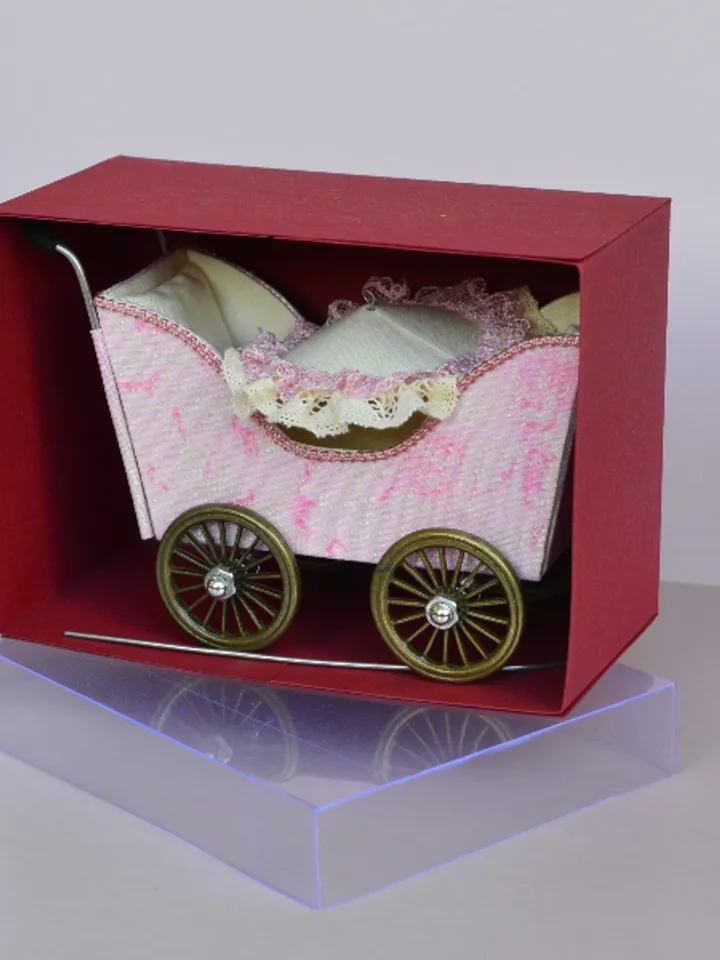 Miniature toy stroller for two small dolls. Handmade miniature stroller for small dolls. Stroller for dolls 2,76"(7 cm.)
