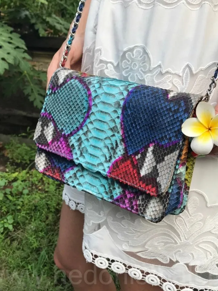 Genuine Python Skin Multicolor Flat Crossbody Bag | Exotic Leather Bags | Summer Bags | Classy Leather Women Handmade Bags | Leather Purse