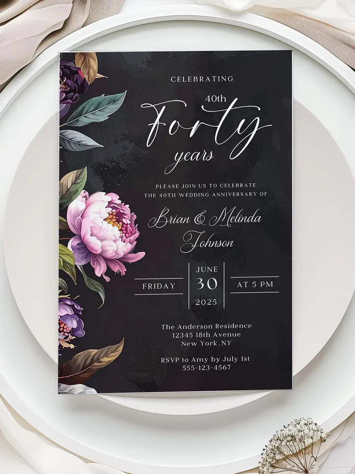 40th Anniversary Party Invitation, 30th, 50th, 60th, 70th, Moody Burgundy & Blush Peony Floral Canva Template 5x7 birthday evite