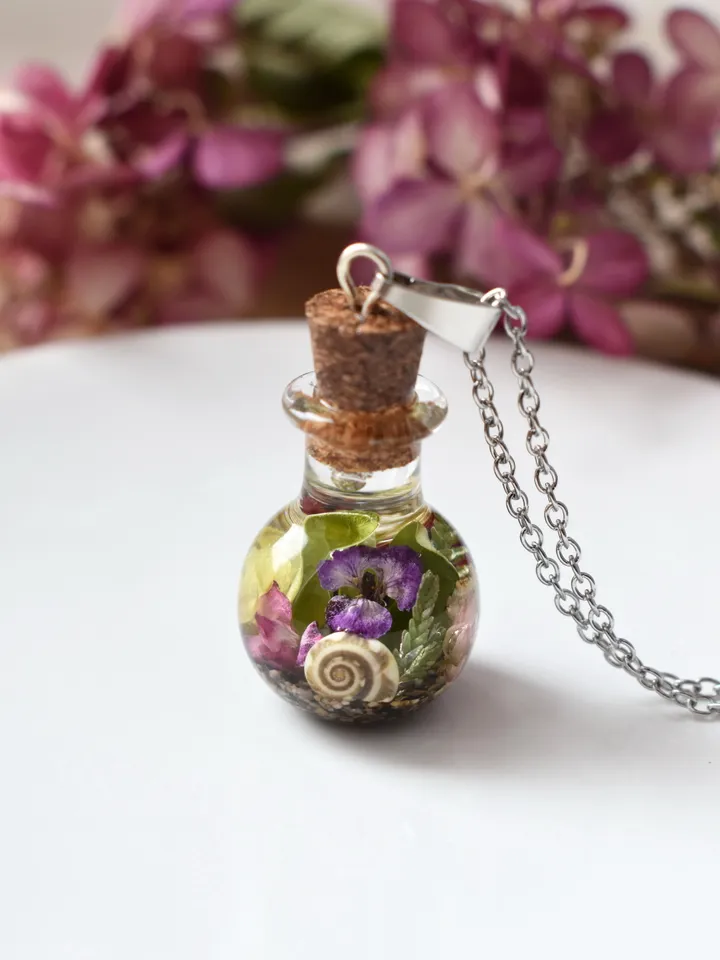 Tiny bottle with Real flowers necklace. Botanical jewelry Terrarium pendant Present for Green witch.