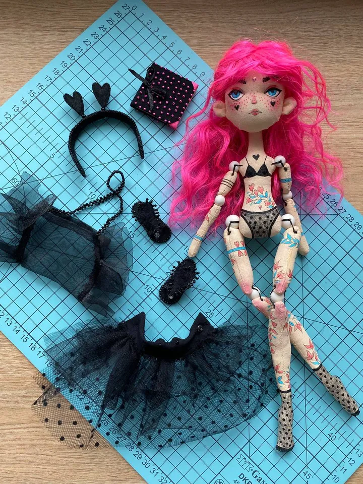 Librarian doll with pink hair and tattoo. Bookworm doll with cat