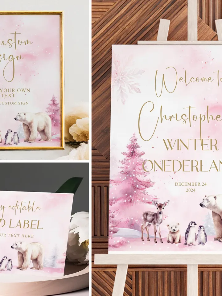 Winter Onederland First Birthday Bundle 1st Birthday Invitation Winter Onederland Girl Decorations, Polar Bear Arctic Animals, EDITABLE i123
