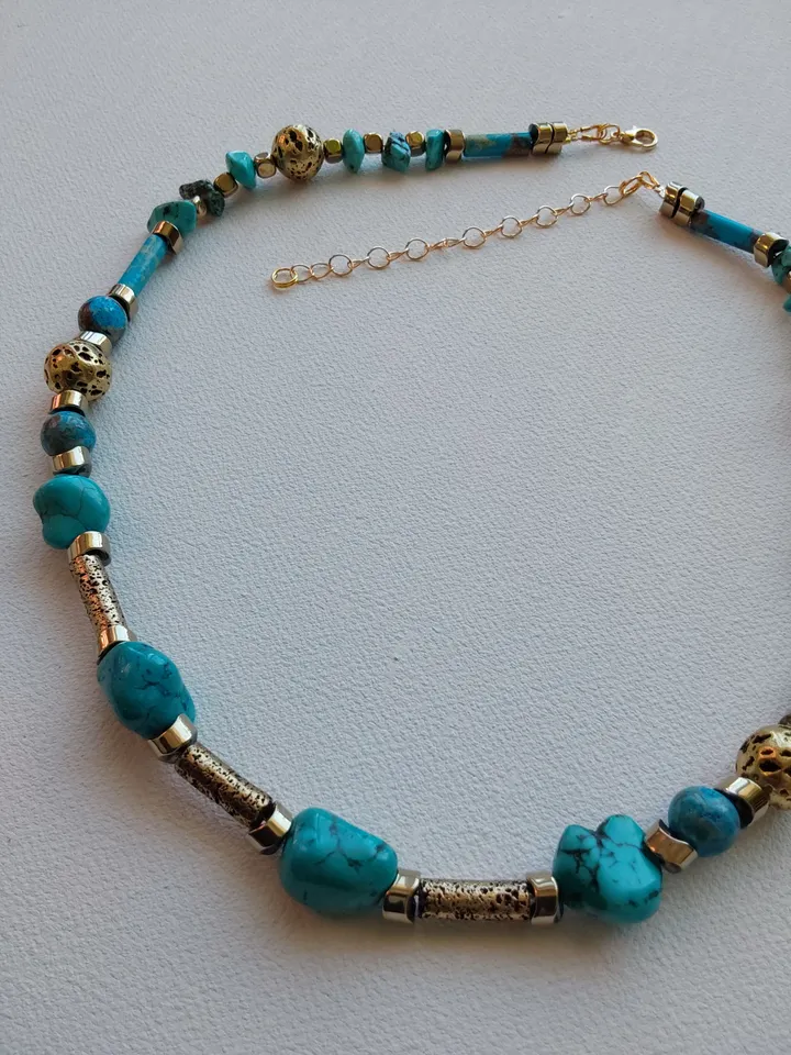Choker, necklace, beads made of turquoise, volcanic lava, tinted in antique gold colorand, gilded hematite. Length 42-50cm