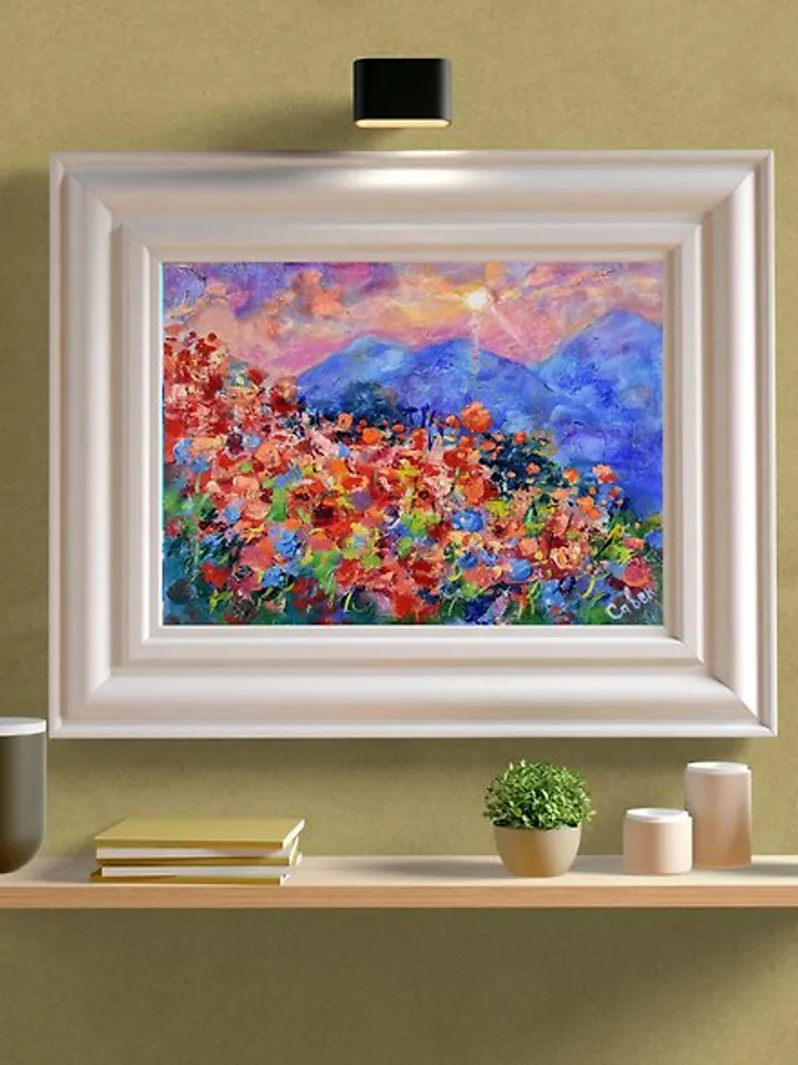 Italy Painting Poppy Original Art Landscape Flower Sunset Small Art Wall