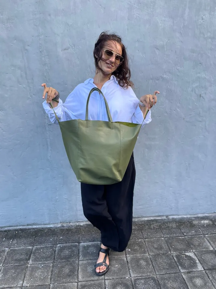 Genuine leather khaki green tote shopper big bag / everyday purse / handmade bags / designer bags / summer bag / gift for her
