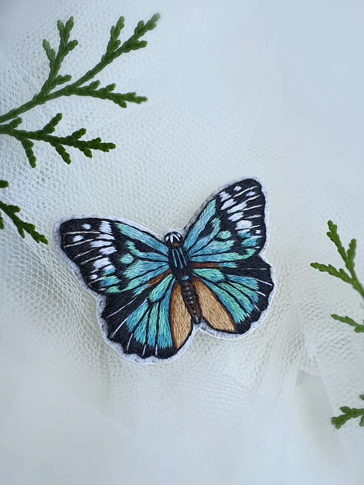 Butterfly Brooch. Hand-embroidered brooch, artistic satin stitch.