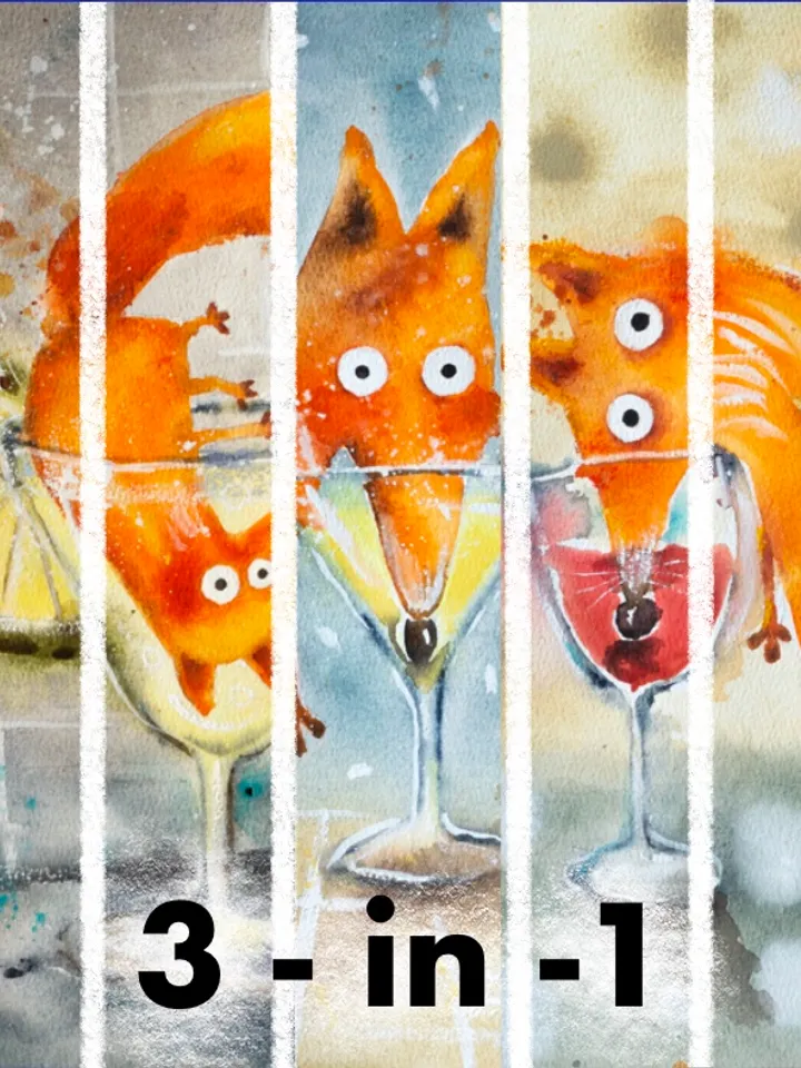 3-in-1 27x30 cm Artworks by Julia Schigal "Drinks" - watercolor, gouache, pastel