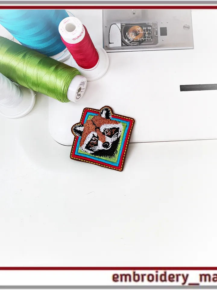 In The Hoop patch or pendant, or brooch with raccoon Machine embroidery design