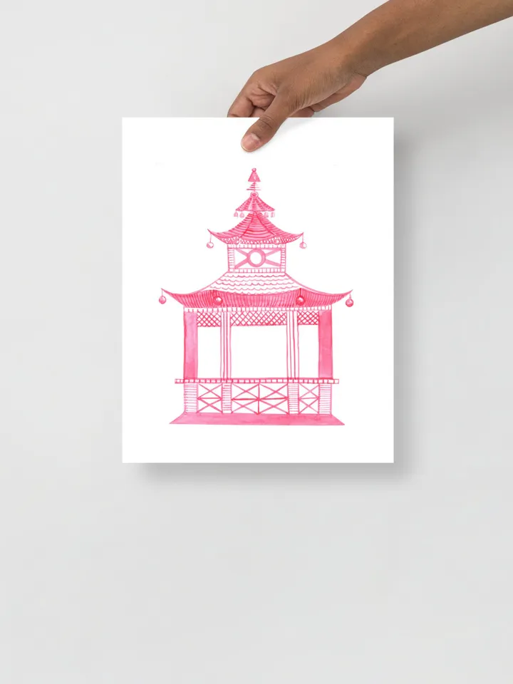 Pink Chinoiserie Set Of 3 Watercolor Painting Pagoda Foo Dogs Wall Art Chinoiserie Decor asian Hot Pink Wall Art Chinoiserie Chic Art Print