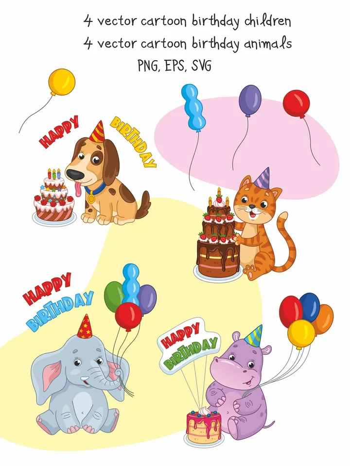 Vector set with cartoon birthday characters