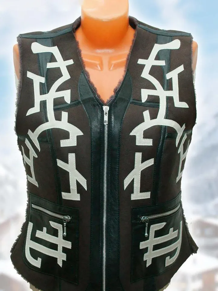 Vest Sleeveless and Bag of genuine fur sheepskin, decoration of real leather dark purple color. Handmade Fall waistcoat.