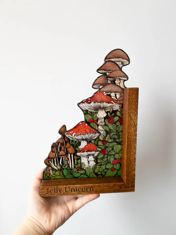MADE TO ORDER, Stained glass bookends with mushrooms, Home decor with fungi