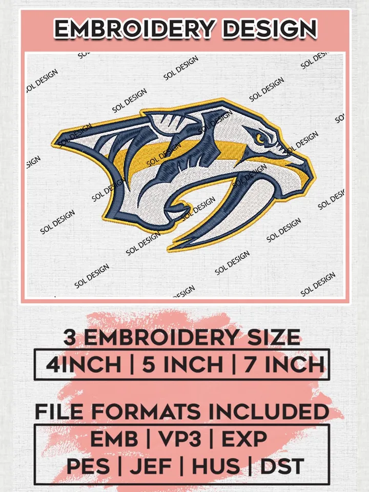 Nashville Predators Machine Embroidery Files, NHL Nashville Predators Embroidery Designs, NHL Nashville Logo, NHL Embroidery Design, Hockey Team, Digital Download