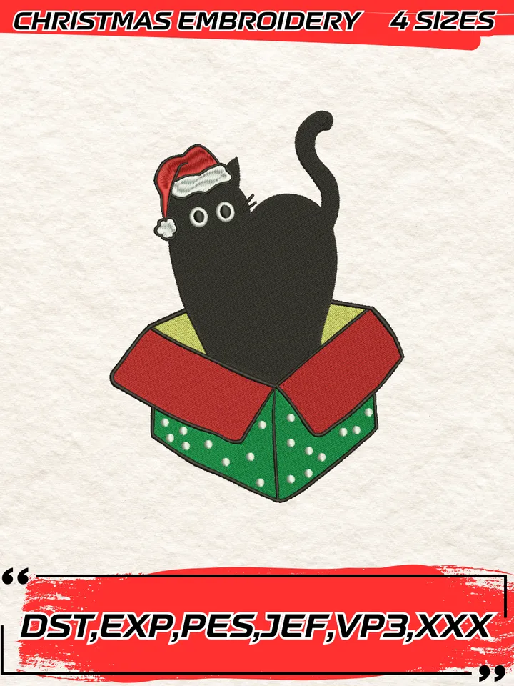 Black Cat Christmas Embroidery Design,Christmas Embroidery Design,4 Sizes, Digital Download #4