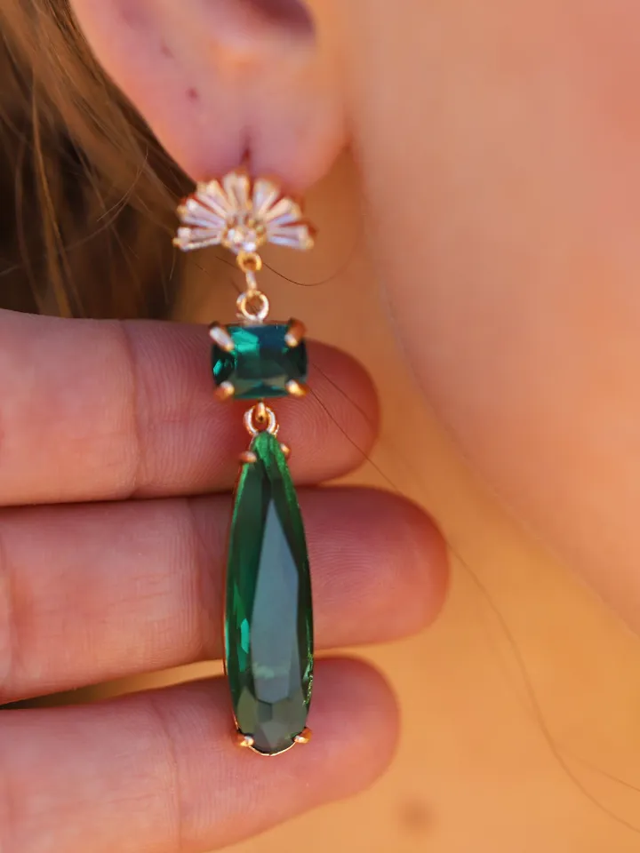 Emerald Statement Wedding Earrings, Swarovski Crystal Chandelier Bridal Earrings, Teardrop Gatsby Earrings, Art Deco Statement Jewelry, Gift