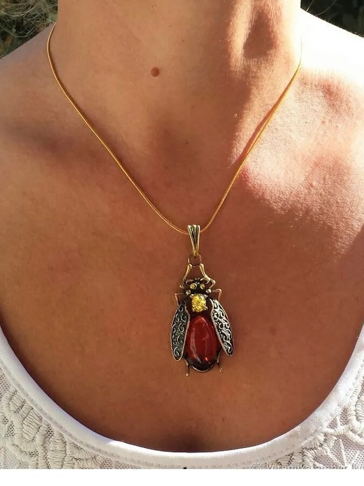 Beetle Insect pendant with Baltic Amber Jewelry Antique Gold Brass Vintage Style Cute Beetle necklace Nature Lovers idea Perfect Gift for Girlfriend Daughter Women Holiday Jewelry