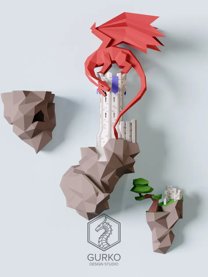 Papercraft Flying Island. Dragon Tower, Digital Template, PDF Download, Gurko, 3D Low Poly, Pepakura, DIY Origami Sculpture, Paper Decor