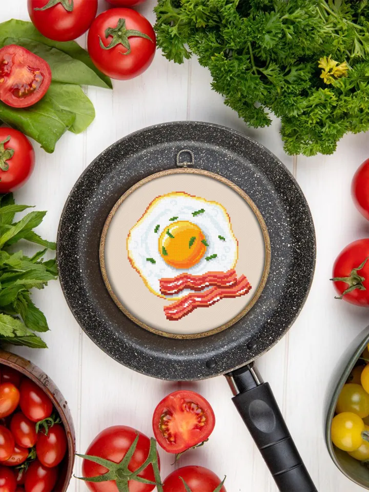 Fried egg with bacon cross stitch pattern PDF download Food cross stitch chart for beginners, Egg pattern digital PDF, Kitchen decor #F22