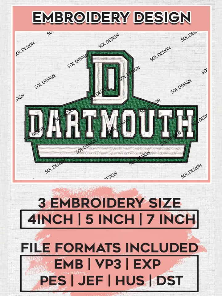 NCAA Dartmouth Football Team Logo Embroidery Design Files, NCAA Dartmouth Big Green Machine Embroidery, NCAA Teams, Game Day, 3 sizes, NCAA Machine embroidery designs, Digital Download