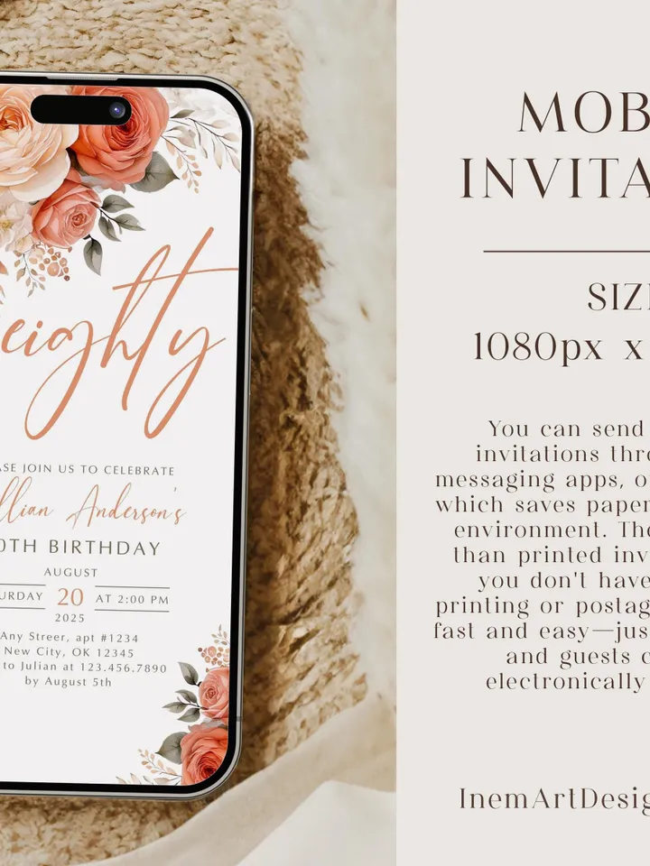 80th Birthday Invitation, Birthday Party Invitations for Women, Floral Birthday Invite for Her, Canva Editable Template, Instant Download