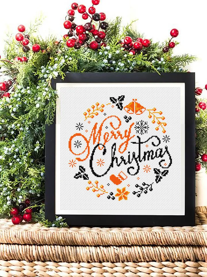 Merry Christmas cross stitch pattern download PDF Winter holiday cross stitch Round christmas ornament stitch chart DIY Christmas decor #N33