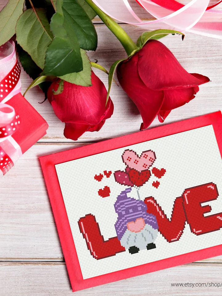 Love gnome Heart cross stitch pattern, Valentine’s Day, home decor, counted, chart, gift DIY, embroidery, instant PDF