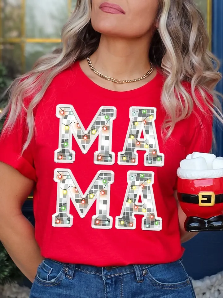 Faux Glitter Sequins Christmas Mama Shirt Sublimation Christmas PNG Mama PNG Christmas Lights Sparkly PNG Embroidery Letters png