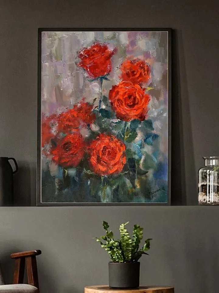 Roses Painting Red Flowers Artwork Floral Canvas Original Art Impressionism 油畫原作