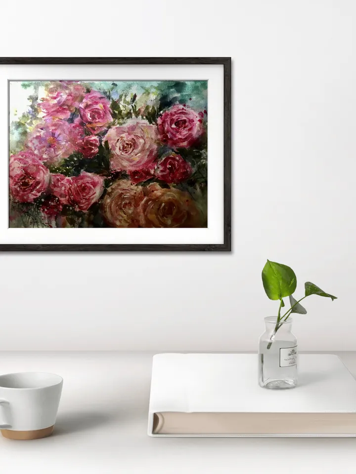 Roses garden poster from original watercolor,flowers painting,bouquet of pink and yellow roses,wall hanging,floral home decoration gift.