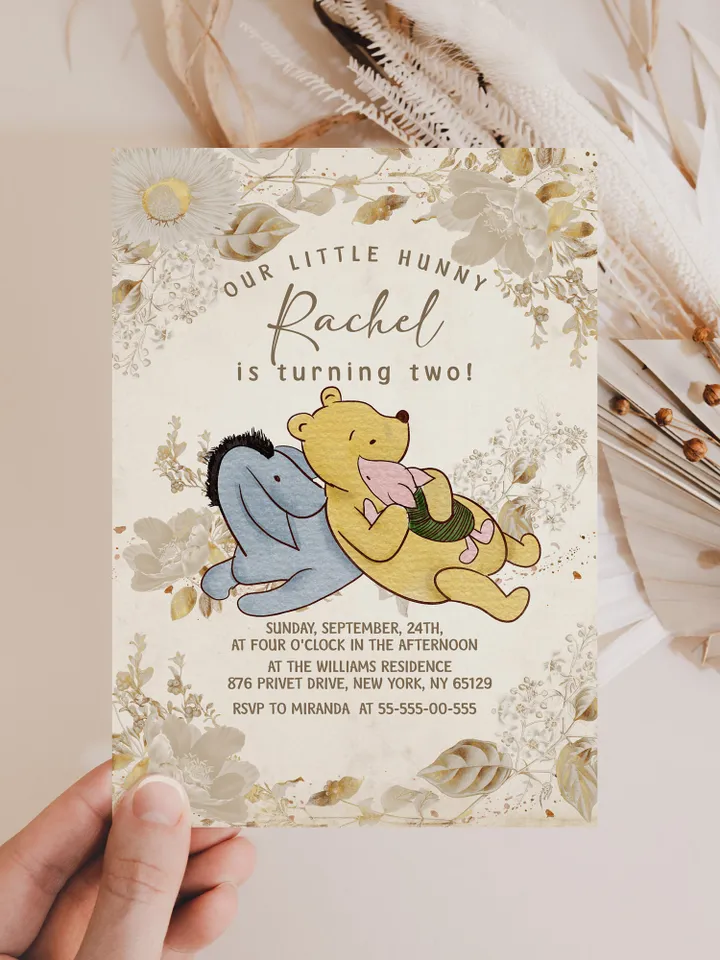 Winnie the Pooh Inspired First Birthday; Classic Winnie Pooh Invitations; Neutral Winnie Pooh Turning One; Winnie Pooh Birthday Party flw12