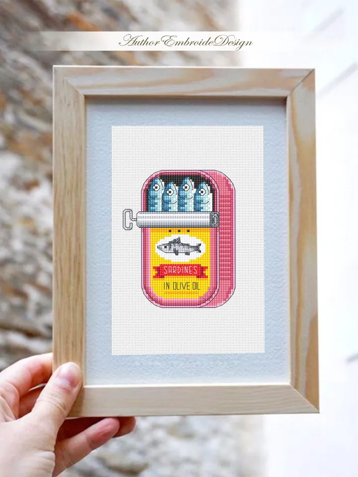 Sardines can cross stitch pattern PDF instant download Set of 3 Vintage tinned sardines cross stitch chart, Fish pattern digital PDF #F28