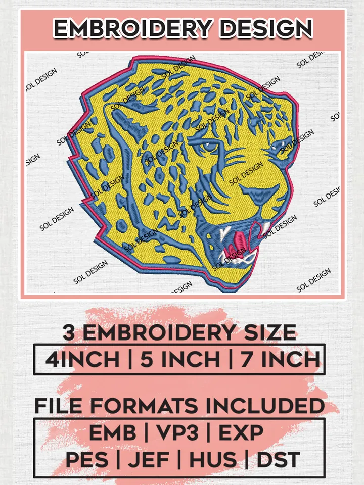NCAA South Alabama Jaguars Team Head Mascot Logo Embroidery Design Files, NCAA South Alabama Jaguars Machine Embroidery, NCAA Teams, Game Day, 3 sizes, NCAA Machine embroidery designs, Digital Download