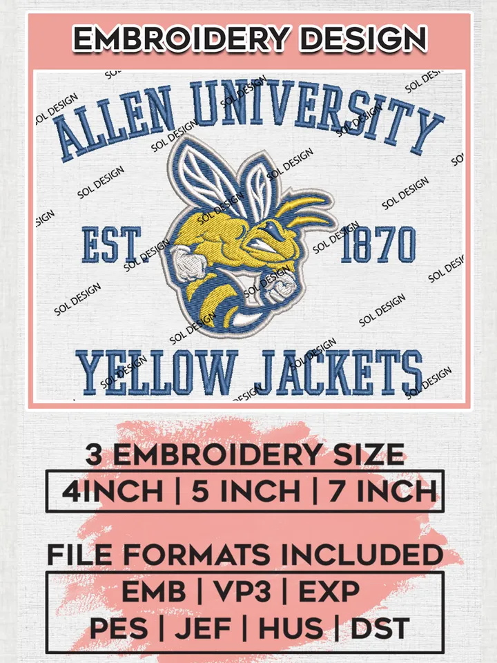 Allen Yellow Jackets College Team Est 1870 Logo Embroidery Design Files, NCAA Allen Yellow Jackets Machine Embroidery, NCAA Teams, 3 sizes, NCAA Machine embroidery designs, Digital Download