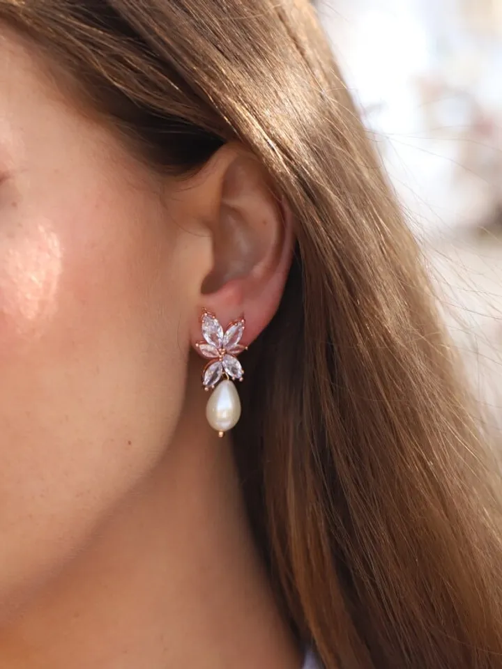 Swarovski Crystal Wedding Earrings, Pearl Bridal Earrings, Rose Gold Wedding Earrings, Vintage Style CZ Wedding Jewelry For Bride Gift