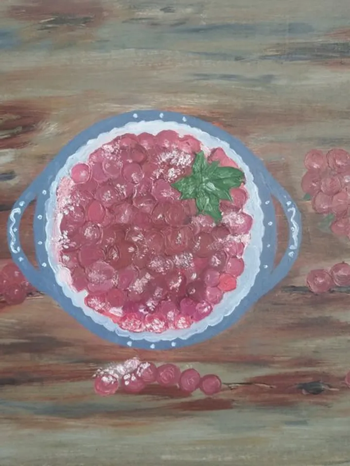 Still life with fruits, plate with cranberries in sugar on wooden table, painting for kitchen, canvas 18x14 inches