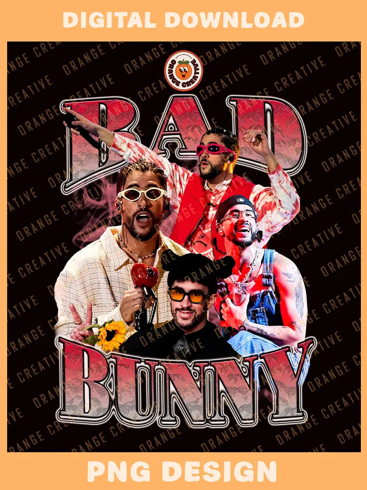 90s Bad Bunny Singer Bootleg T-shirt PNG, 90s Bootleg Template, Graphic Bad Bunny PNG Files, Custom Bootleg Music Tee, Digital Download