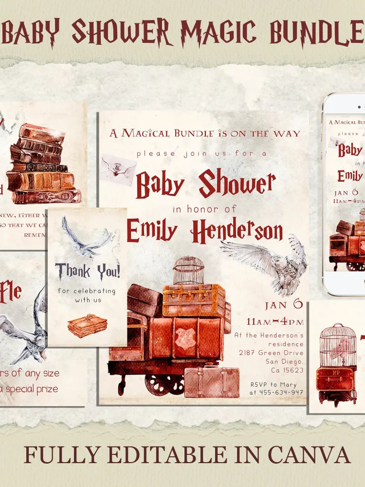 Wizard Baby Shower Invitation; Magic School Baby Schower kit template; A Magical Bundle on the Way; Magic School Invite Pack editable canva