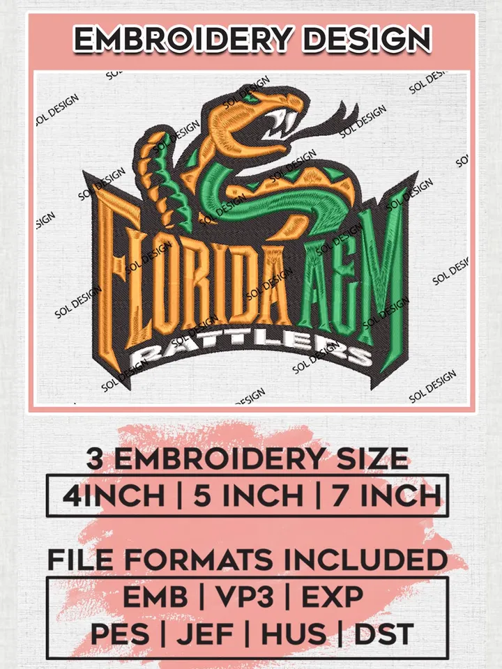 NCAA Florida A&M Rattlers Football Team Logo Machine Embroidery Design, NCAA Florida A&M Rattlers Team Design Design files, NCAA Team Embroidery Designs, NCAA Machine Embroidery Designs, Digital Download