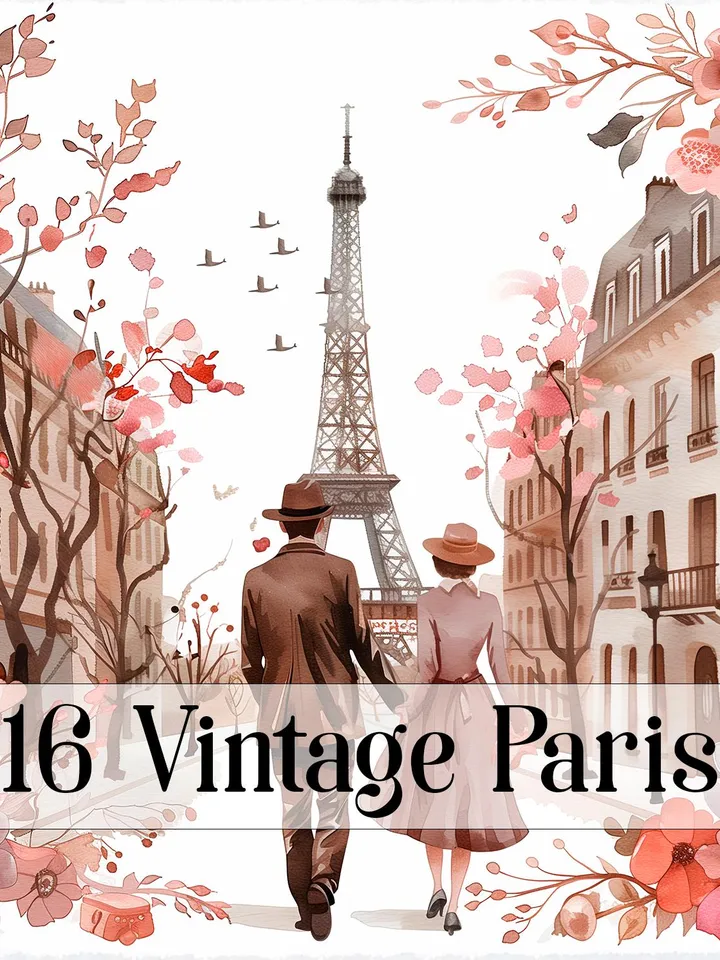 14 Vintage Paris PNG Bundle, Printable Watercolor clipart for sublimation, Paris Postcard, High Quality, Paper craft, junk journals