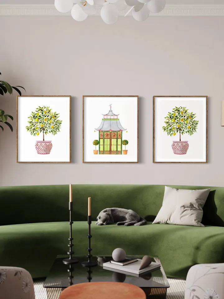 Pagoda Set Of 2 Prints Watercolor Painting Lemon Tree Art Print Chinoiserie Wall Art Asian Print Chinese Pagoda Art Gift For Home Tree Art
