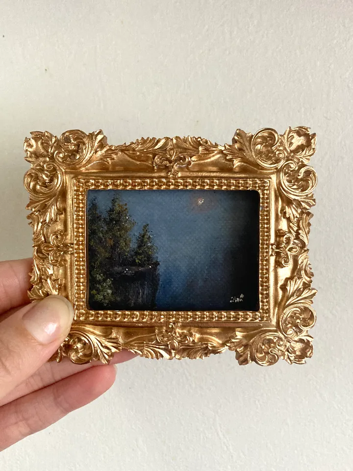 Small Landscape Oil Painting Framed Original Foggy Cliff Painting Antique Misty Art Gold Frame Tiny Paintings 3 x 4 Art