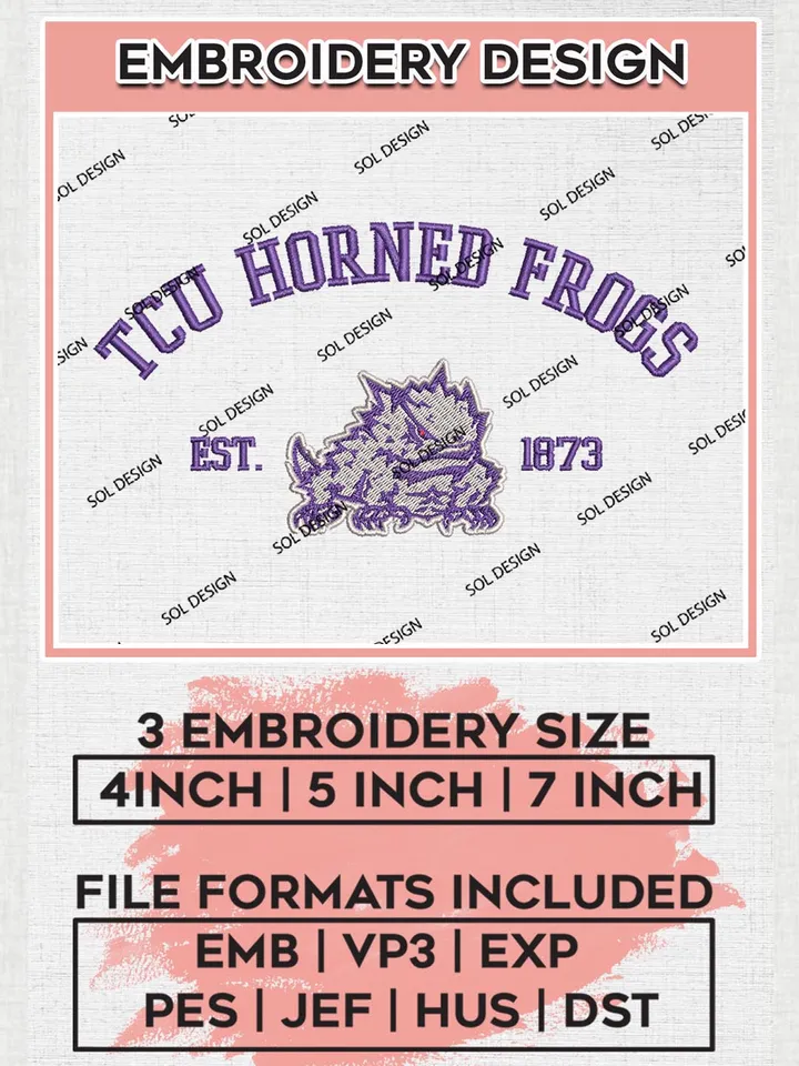 TCU Horned Frogs Est 1873 Logo Embroidery Designs, NCAA TCU Horned Frogs Team Embroidery, NCAA Team Logo, 3 sizes, Machine embroidery Files, Digital Download