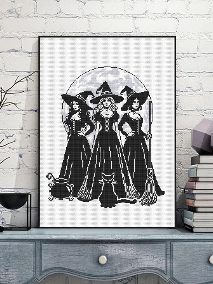 Halloween witches cross stitch pattern PDF download Witchy cross stitch chart, Witch pattern digital PDF, Full moon, Witch embroidery #H84